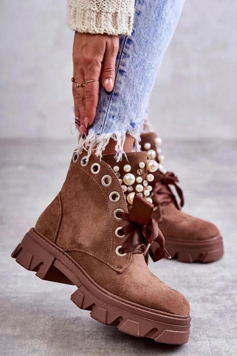 Botki Sznurowane|Botki Zimowe Damskie>Boto Zamszowe Ocieplane Botki Z Perłami Brązowe Roco