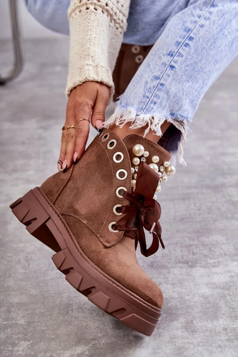 Botki Sznurowane|Botki Zimowe Damskie>Boto Zamszowe Ocieplane Botki Z Perłami Brązowe Roco