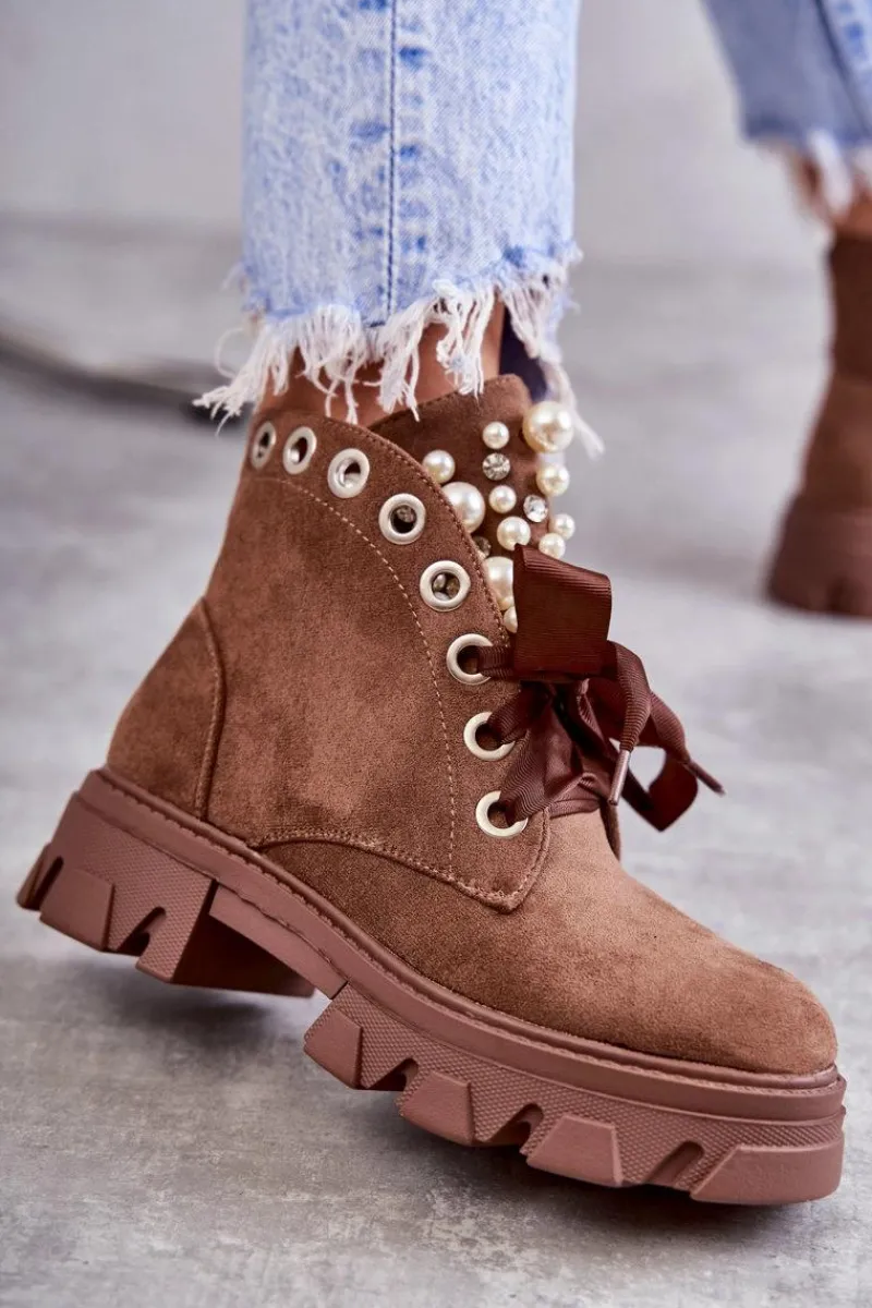 Botki Sznurowane|Botki Zimowe Damskie>Boto Zamszowe Ocieplane Botki Z Perłami Brązowe Roco