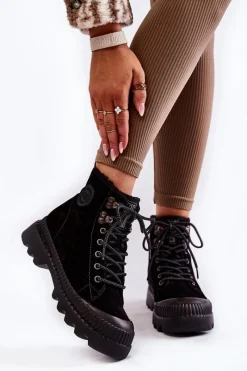 Damskie Trapery|Botki Skórzane>Big Star Shoes Zamszowe Ocieplane Botki Trapery Big Star KK274522 Czarne