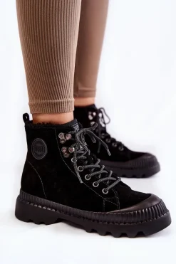 Damskie Trapery|Botki Skórzane>Big Star Shoes Zamszowe Ocieplane Botki Trapery Big Star KK274522 Czarne