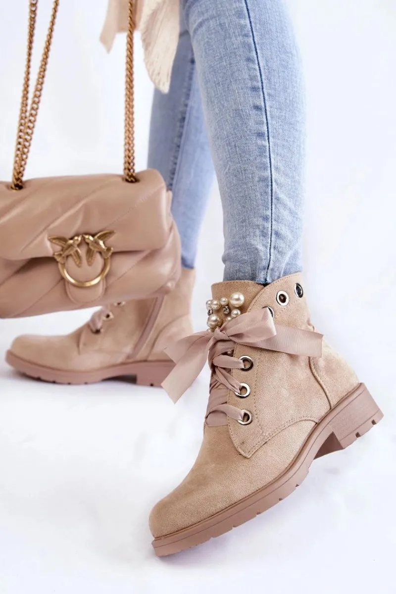 Botki Sznurowane|Botki Zimowe Damskie>Boto Zamszowe Ocieplane Botki Na Suwak Z Perłami Beżowe Raiso