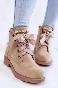 Botki Sznurowane|Botki Zimowe Damskie>Boto Zamszowe Ocieplane Botki Na Suwak Z Perłami Beżowe Raiso