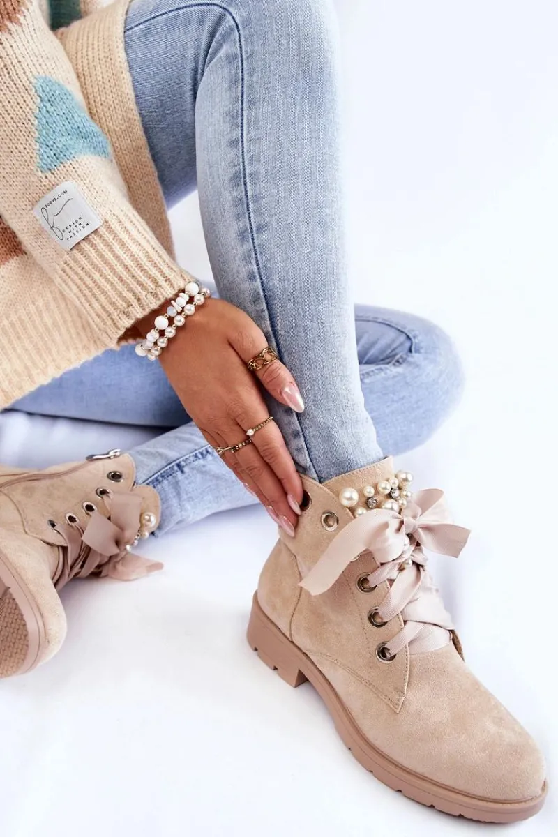 Botki Sznurowane|Botki Zimowe Damskie>Boto Zamszowe Ocieplane Botki Na Suwak Z Perłami Beżowe Raiso