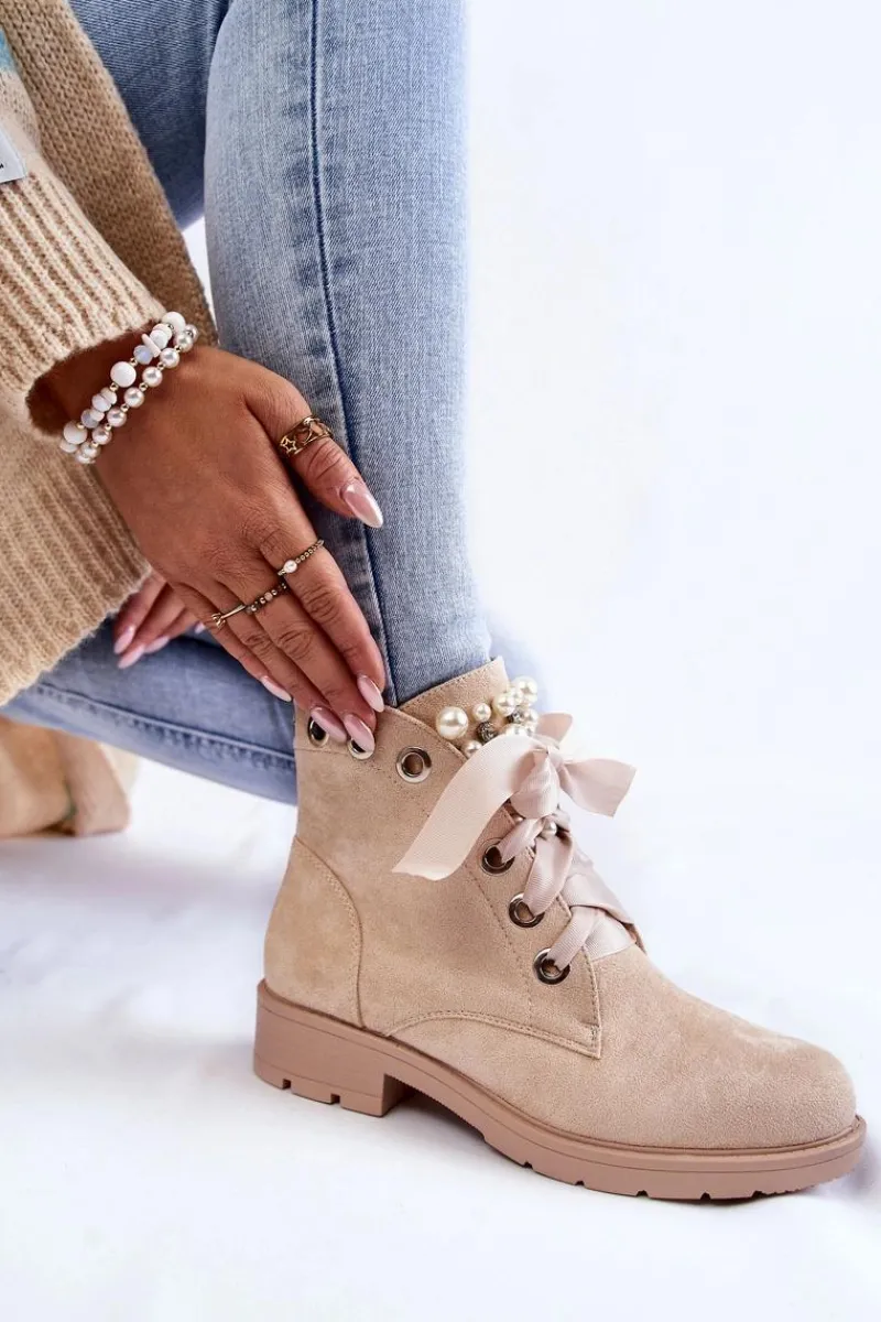 Botki Sznurowane|Botki Zimowe Damskie>Boto Zamszowe Ocieplane Botki Na Suwak Z Perłami Beżowe Raiso