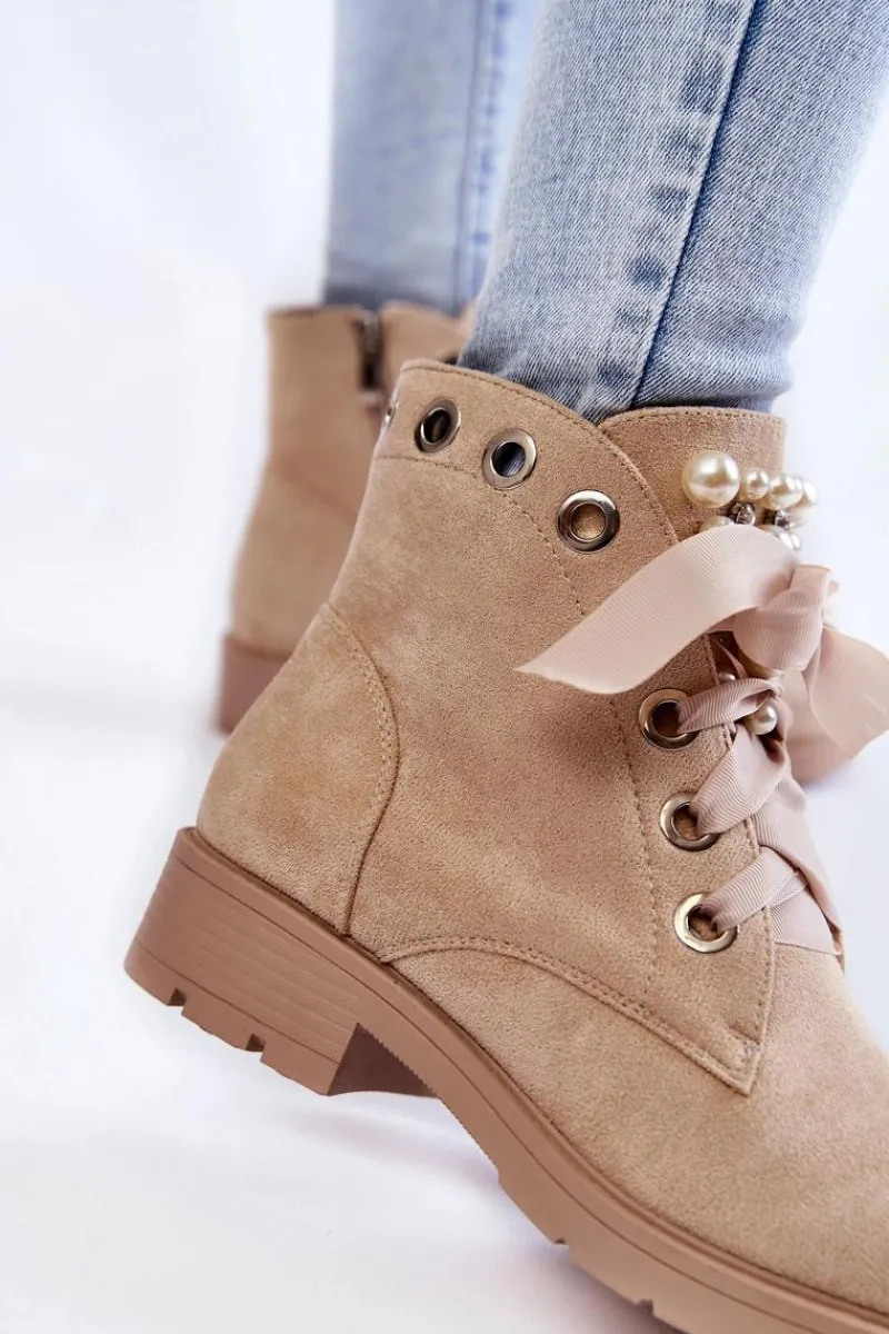 Botki Sznurowane|Botki Zimowe Damskie>Boto Zamszowe Ocieplane Botki Na Suwak Z Perłami Beżowe Raiso