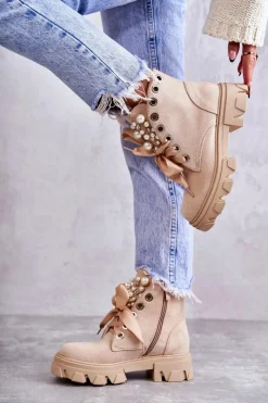 Online Boto Zamszowe Ocieplane Botki Z Perłami Beżowe Roco