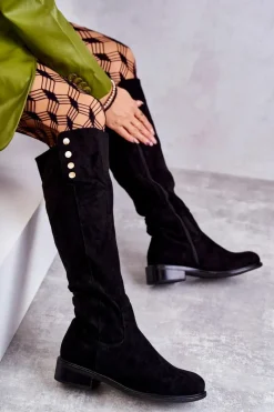 Kozaki Ocieplane|Kozaki Płaskie>Damskie buty S.Barski Zamszowe Ocieplane Kozaki Na Płaskim Obcasie Czarne Laura Czarny