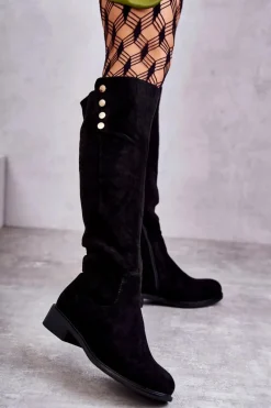 Kozaki Ocieplane|Kozaki Płaskie>Damskie buty S.Barski Zamszowe Ocieplane Kozaki Na Płaskim Obcasie Czarne Laura Czarny