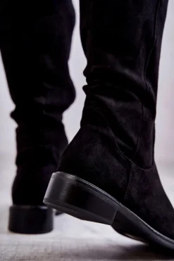 Kozaki Ocieplane|Kozaki Płaskie></noscript>Damskie buty S.Barski Zamszowe Ocieplane Kozaki Na Płaskim Obcasie Czarne Laura Czarny