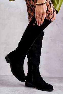 Kozaki Ocieplane|Kozaki Płaskie></noscript>Damskie buty S.Barski Zamszowe Ocieplane Kozaki Na Płaskim Obcasie Czarne Laura Czarny