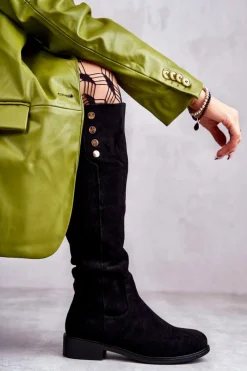 Kozaki Ocieplane|Kozaki Płaskie></noscript>Damskie buty S.Barski Zamszowe Ocieplane Kozaki Na Płaskim Obcasie Czarne Laura Czarny