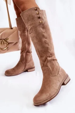 Kozaki Płaskie|Kozaki Przed Kolano>Damskie buty S.Barski Zamszowe Ocieplane Kozaki Na Płaskim Obcasie Beżowe Laura