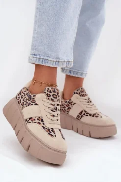 Sale Buty damskie Vinceza Zamszowe Ocieplane Sneakersy Damskie Na Masywnej Platformie Vinceza 66841 Panterka Beżowe Beżowy