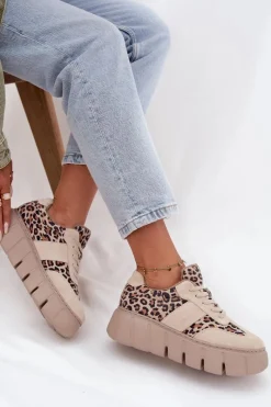 Sale Buty damskie Vinceza Zamszowe Ocieplane Sneakersy Damskie Na Masywnej Platformie Vinceza 66841 Panterka Beżowe Beżowy