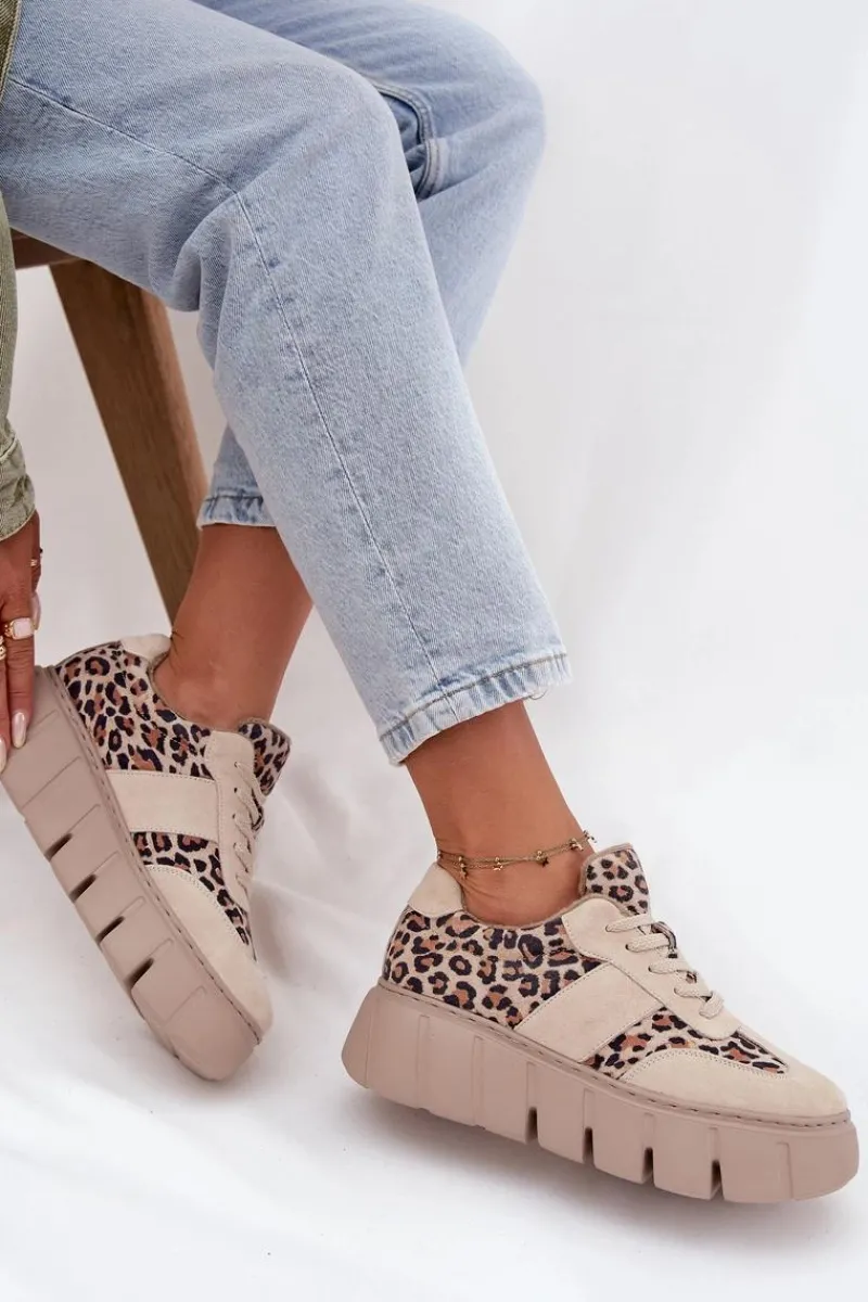 Sale Buty damskie Vinceza Zamszowe Ocieplane Sneakersy Damskie Na Masywnej Platformie Vinceza 66841 Panterka Beżowe Beżowy