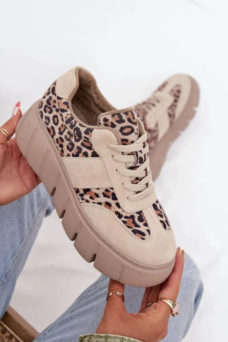 Sale Buty damskie Vinceza Zamszowe Ocieplane Sneakersy Damskie Na Masywnej Platformie Vinceza 66841 Panterka Beżowe Beżowy