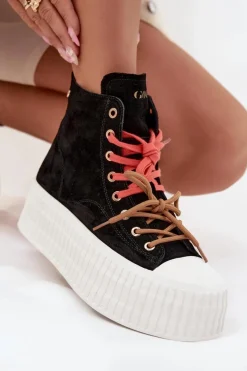 Outlet GOE Zamszowe Ocieplane Trampki Damskie Na Masywnej Platformie SS2N4046 Czarne Czarny