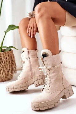 Botki Sznurowane|Botki Zimowe Damskie>Boto Zamszowe Ocieplane Workery Z Kamieniami Beżowe Hadley