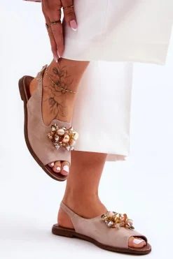 Zamszowe Płaskie Sandały Nicole 2805/042 Beżowe Damskie Sandały Płaskie