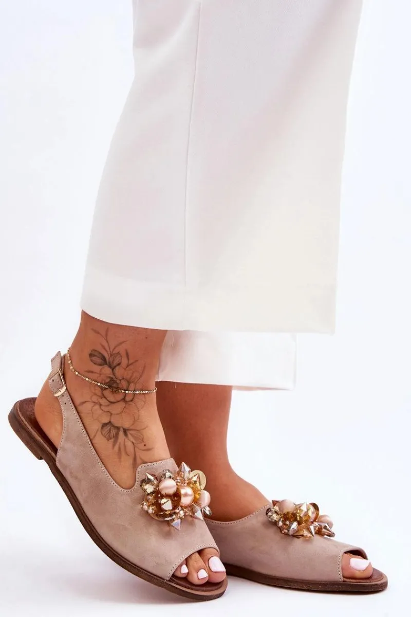 Zamszowe Płaskie Sandały Nicole 2805/042 Beżowe Damskie Sandały Płaskie