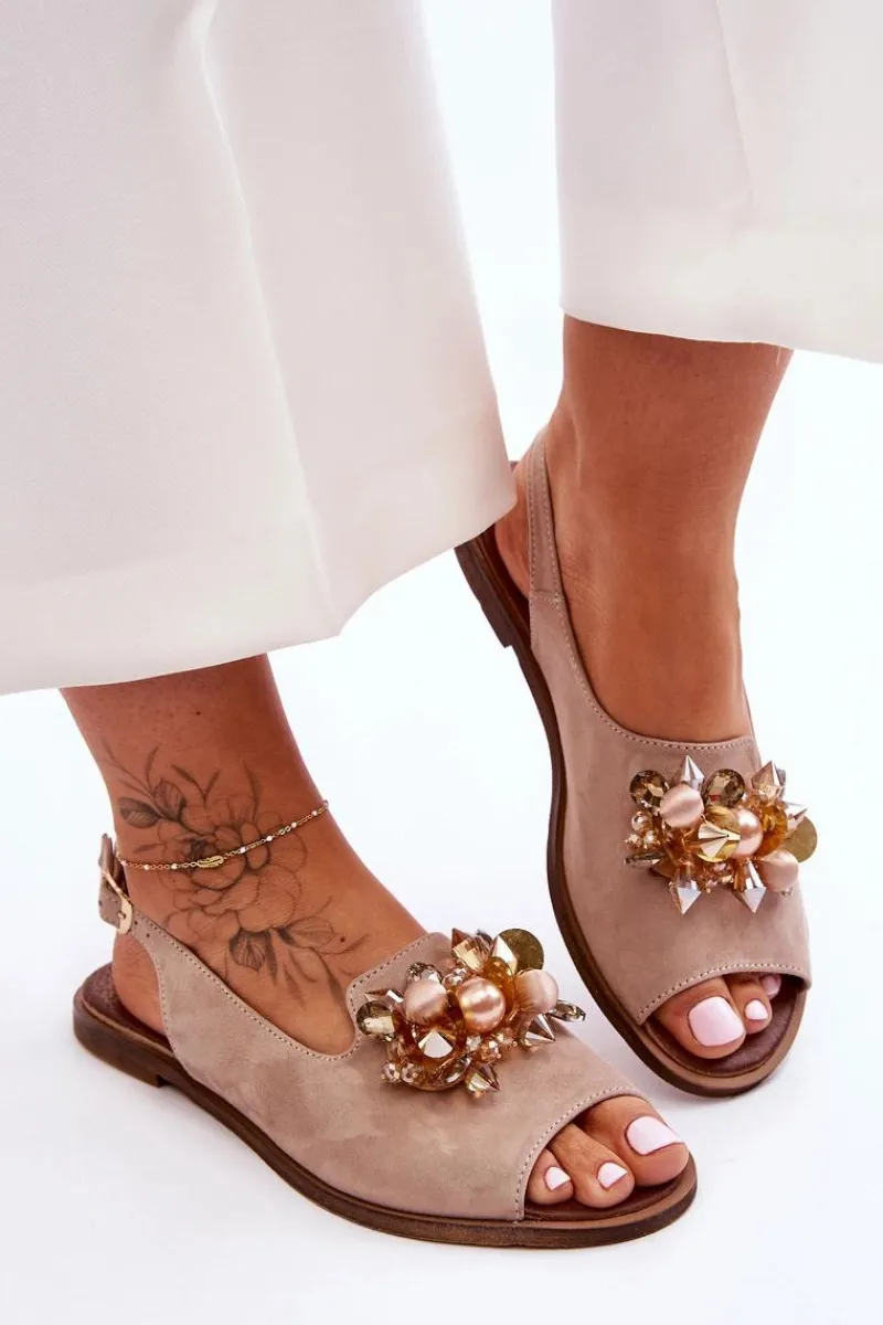 Zamszowe Płaskie Sandały Nicole 2805/042 Beżowe Damskie Sandały Płaskie