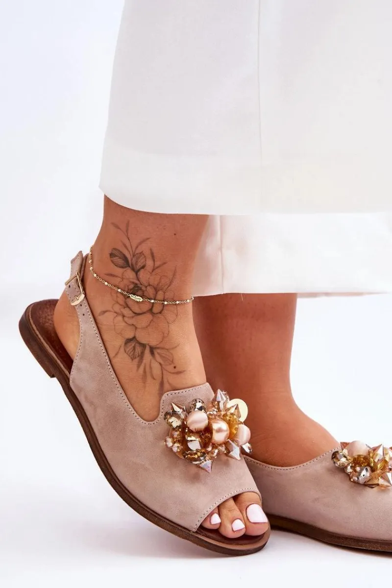 Zamszowe Płaskie Sandały Nicole 2805/042 Beżowe Damskie Sandały Płaskie