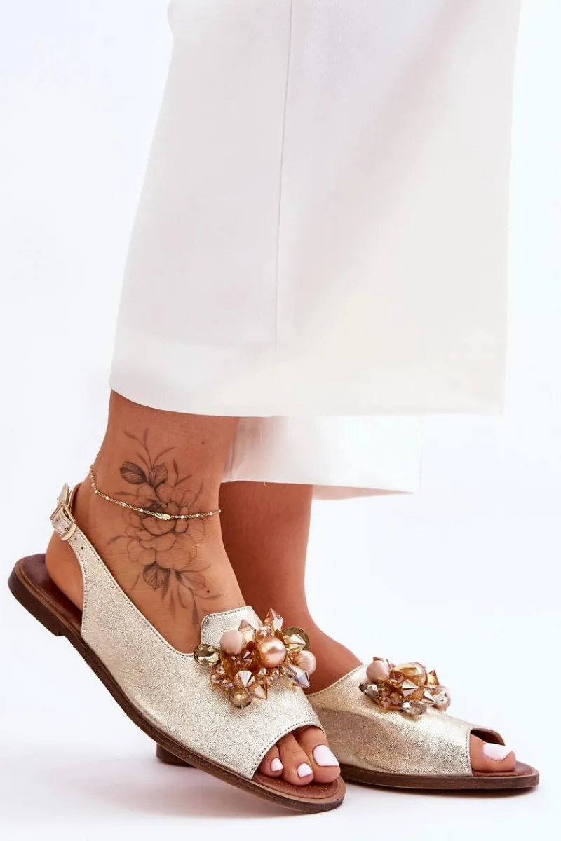 Clearance Zamszowe Płaskie Sandały Nicole 2805/064 Złote Damskie Sandały Płaskie