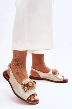 Clearance Zamszowe Płaskie Sandały Nicole 2805/064 Złote Damskie Sandały Płaskie