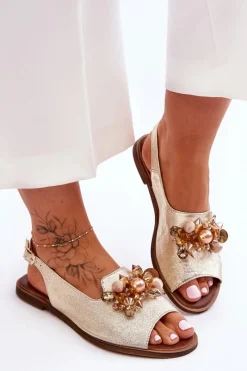 Clearance Zamszowe Płaskie Sandały Nicole 2805/064 Złote Damskie Sandały Płaskie