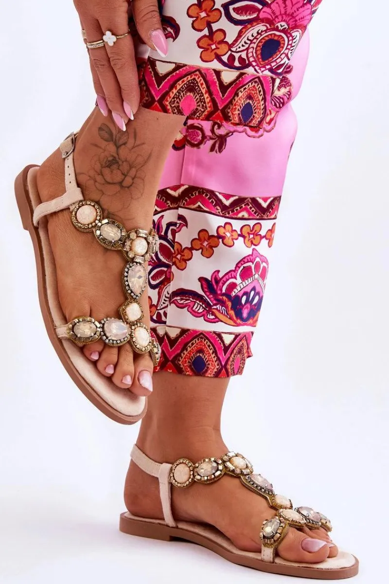 Sandały Płaskie>Boto Zamszowe Płaskie Sandały Z Kamieniami Beżowe Dallas