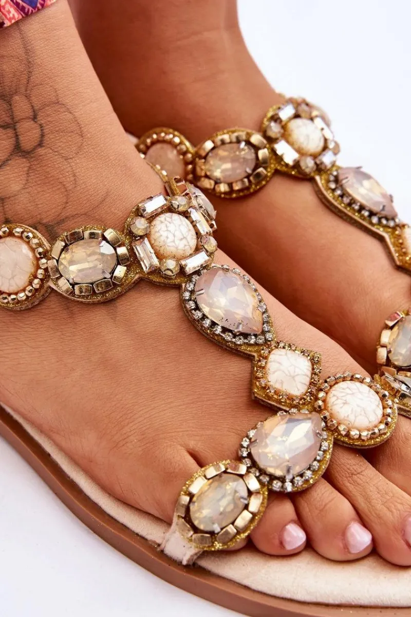 Sandały Płaskie>Boto Zamszowe Płaskie Sandały Z Kamieniami Beżowe Dallas