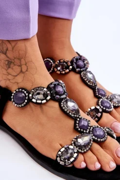 Best Boto Zamszowe Płaskie Sandały Z Kamieniami Czarne Dallas