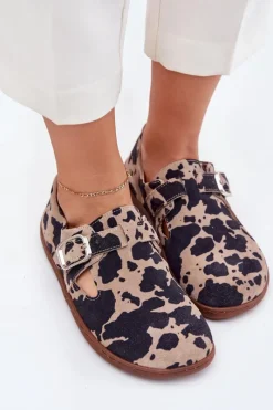 Outlet Zazoo Zamszowe Półbuty Barefoot Damskie Z Klamrą Łaty N1261 Brązowo-Beżowe Brązowy