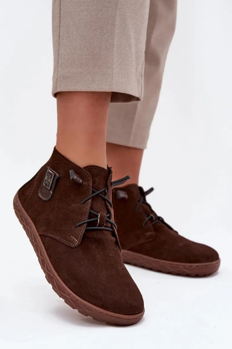 Clearance Zazoo Zamszowe Półbuty Barefoot Damskie Z Ozdobnym Detalem 30072 Czekoladowe Brązowy