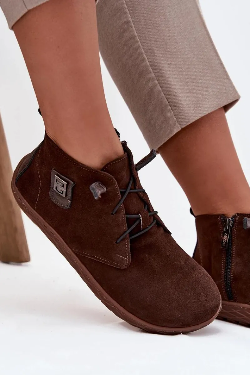 Clearance Zazoo Zamszowe Półbuty Barefoot Damskie Z Ozdobnym Detalem 30072 Czekoladowe Brązowy