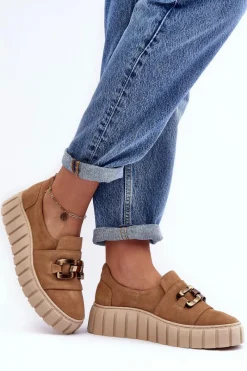 Sale Zamszowe Półbuty Damskie Na Platformie Z Ozdobą Ciemnobeżowe Lewski 3398 Damskie Półbuty Skórzane