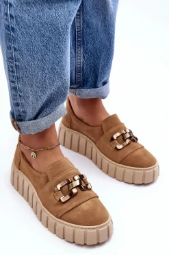 Sale Zamszowe Półbuty Damskie Na Platformie Z Ozdobą Ciemnobeżowe Lewski 3398 Damskie Półbuty Skórzane