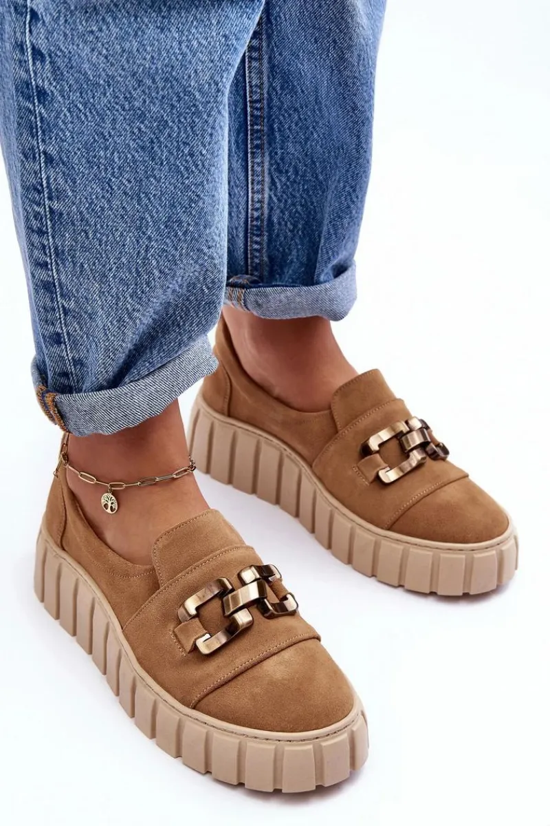 Sale Zamszowe Półbuty Damskie Na Platformie Z Ozdobą Ciemnobeżowe Lewski 3398 Damskie Półbuty Skórzane