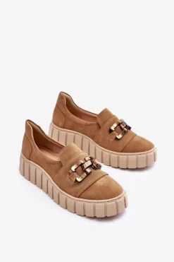 Sale Zamszowe Półbuty Damskie Na Platformie Z Ozdobą Ciemnobeżowe Lewski 3398 Damskie Półbuty Skórzane
