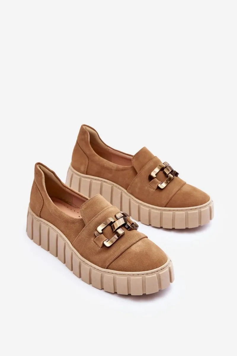 Sale Zamszowe Półbuty Damskie Na Platformie Z Ozdobą Ciemnobeżowe Lewski 3398 Damskie Półbuty Skórzane