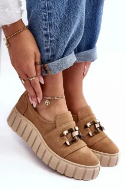 Sale Zamszowe Półbuty Damskie Na Platformie Z Ozdobą Ciemnobeżowe Lewski 3398 Damskie Półbuty Skórzane