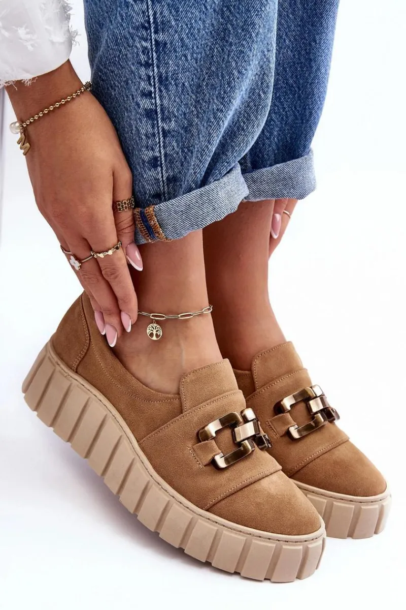 Sale Zamszowe Półbuty Damskie Na Platformie Z Ozdobą Ciemnobeżowe Lewski 3398 Damskie Półbuty Skórzane