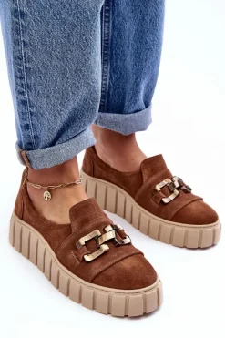 Boto Zamszowe Półbuty Damskie Na Platformie Z Ozdobą Brązowe Lewski 3398