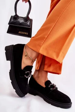 Mokasyny Damskie Zamszowe>Boto Zamszowe Półbuty Loafery Z Ozdobą Czarne Janissa