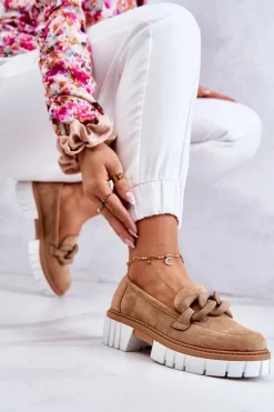 Discount Zamszowe Półbuty Loafery Z Ozdobą Ciemnobeżowe Talisa Damskie Mokasyny Damskie Zamszowe