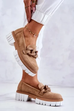 Discount Zamszowe Półbuty Loafery Z Ozdobą Ciemnobeżowe Talisa Damskie Mokasyny Damskie Zamszowe