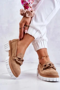 Discount Zamszowe Półbuty Loafery Z Ozdobą Ciemnobeżowe Talisa Damskie Mokasyny Damskie Zamszowe