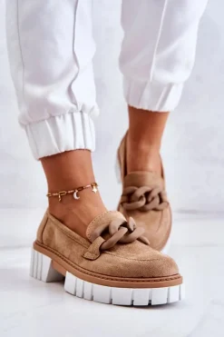 Discount Zamszowe Półbuty Loafery Z Ozdobą Ciemnobeżowe Talisa Damskie Mokasyny Damskie Zamszowe