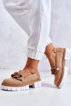 Discount Zamszowe Półbuty Loafery Z Ozdobą Ciemnobeżowe Talisa Damskie Mokasyny Damskie Zamszowe